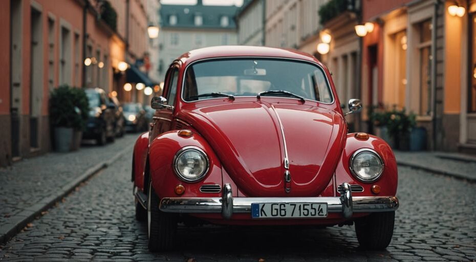 Frisch lackierter roter VW Käfer in der Werkstatt.