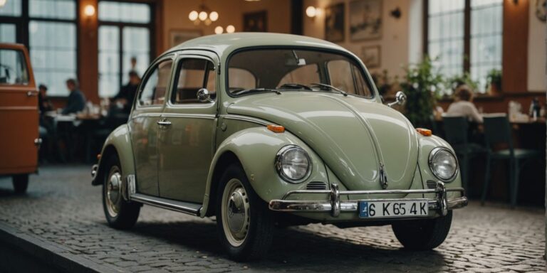 Restaurierter VW Käfer Sitz in einer Werkstatt, Nahaufnahme.