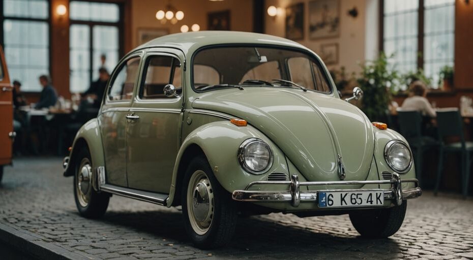 Restaurierter VW Käfer Sitz in einer Werkstatt, Nahaufnahme.