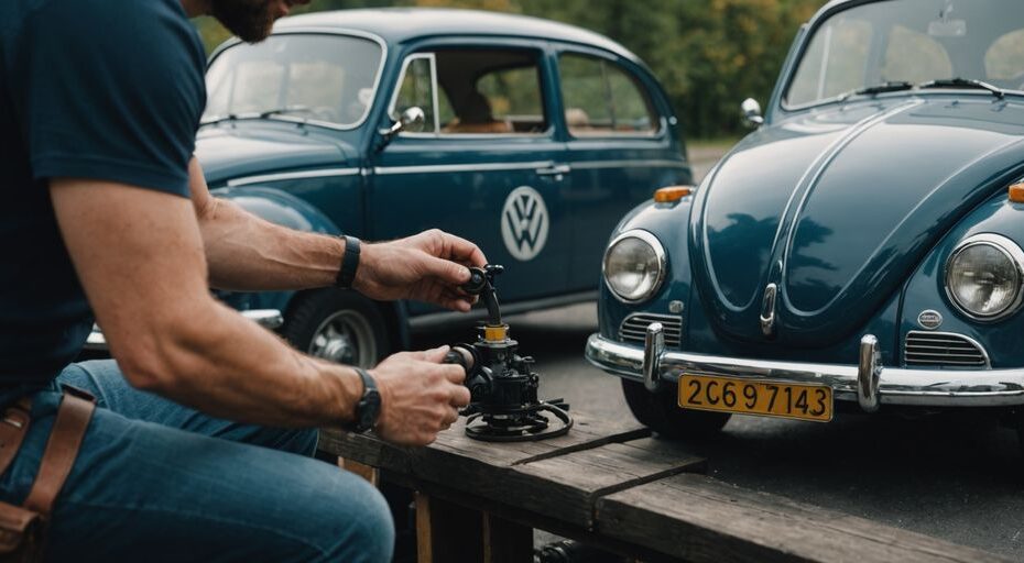 Mechaniker arbeitet am Vergaser eines VW Käfers.