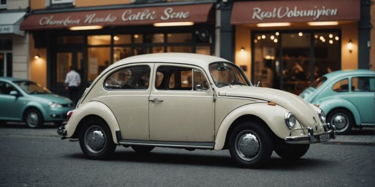 VW Käfer vor und nach der Restaurierung in der Werkstatt.