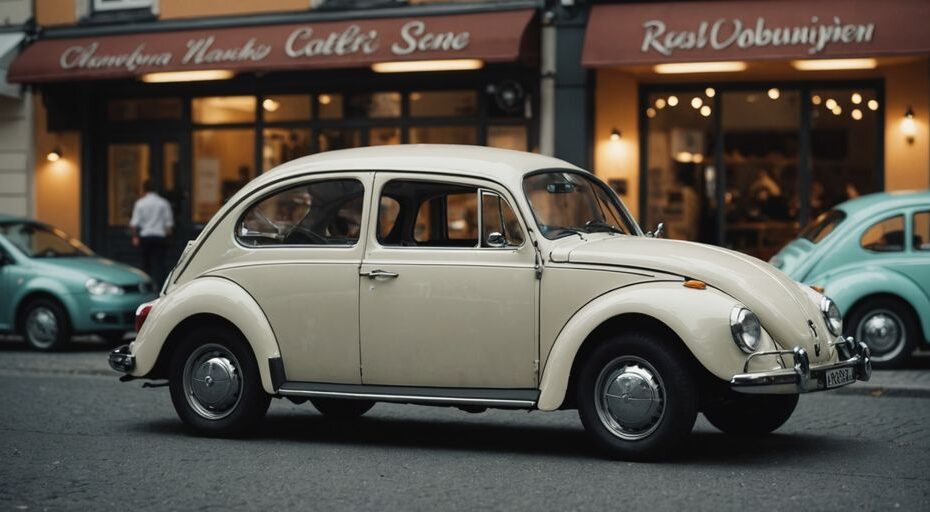 VW Käfer vor und nach der Restaurierung in der Werkstatt.