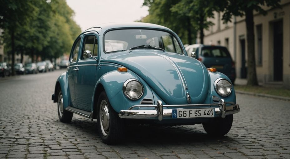 VW Käfer in Werkstatt, Schweißarbeiten am Fahrzeug.